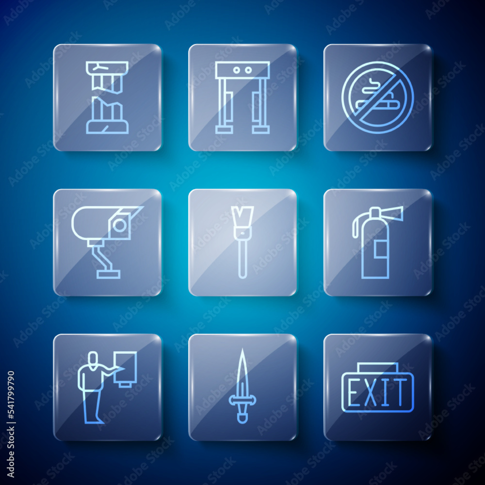 Set line Museum guide, Dagger, Exit sign, No Smoking, Paint brush, Security camera, Broken ancient column and Fire extinguisher icon. Vector Set line Museum guide, Dagger, Exit sign, No Smoking, Paint brush, Security camera, Broken ancient column and Fire extinguisher icon. Vector