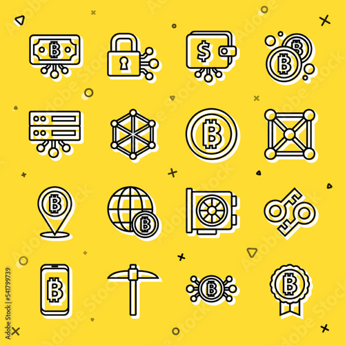 Set line Bitcoin, Cryptocurrency key, Blockchain technology, wallet, Server, with circuit and icon. Vector