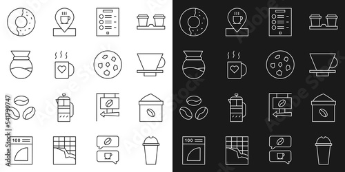 Set line Milkshake, Bag of coffee beans, V60 maker, Coffee menu, cup and heart, Pour over, Donut with sweet glaze and Cookie or biscuit icon. Vector