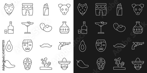 Set line Mexican man sombrero, Revolver gun, Tequila bottle, Burrito, Margarita cocktail, and glass, Poncho and Beans icon. Vector