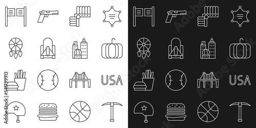 Set line Pickaxe, USA label, Pumpkin, Indian headdress with feathers, Rocket launch from spaceport, Dream catcher, Saloon door and City landscape icon. Vector