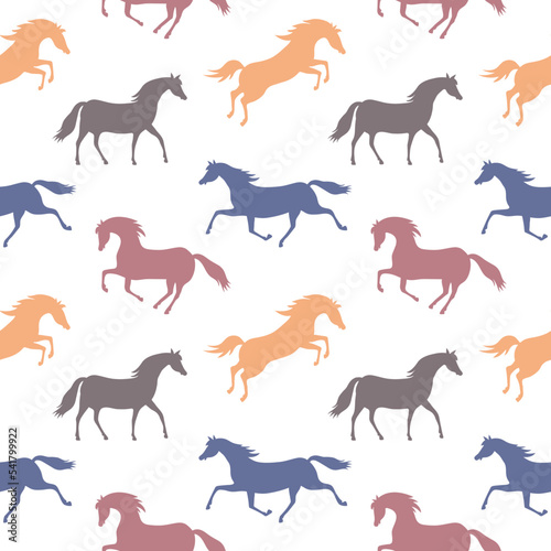Seamless vector pattern with colorful running horses. Graphic print for children