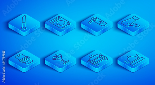 Set line Knife, Washer, Door handle, Martini glass, Taxi car, Hair dryer, Toilet bowl and Hotel service bell icon. Vector