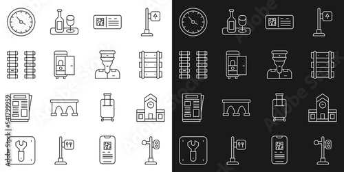 Set line Train traffic light, Railway station, Railway, railroad track, QR code ticket train, Toilet the car, clock and conductor icon. Vector