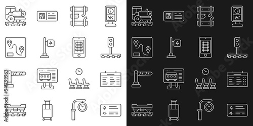 Set line Road traffic signpost, Train station board, light, Broken rails railway, Route location, Vintage locomotive and Buy train ticket online icon. Vector