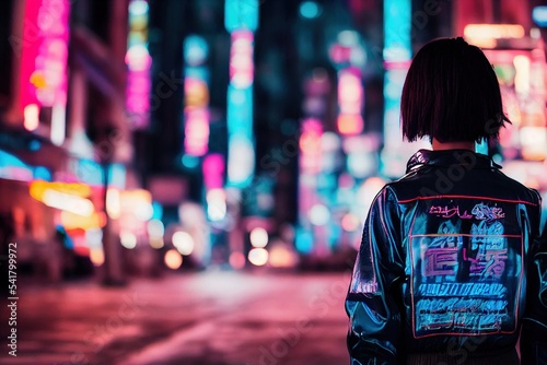 A Woman with short hair and a leather jacket in an asian tokyo style cyberpunk city at night with neon lights