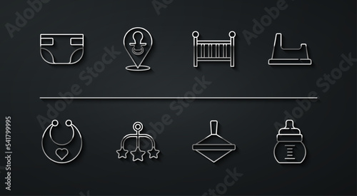 Set line Baby absorbent diaper, bib, potty, Whirligig toy, crib hanging toys, dummy pacifier, bottle and cradle icon. Vector