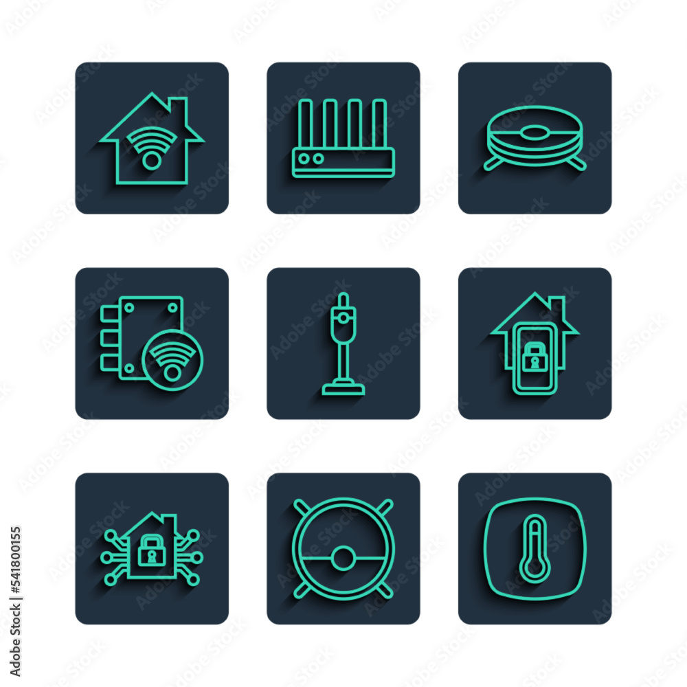 Set line Smart home, Robot vacuum cleaner, Thermostat, Vacuum, Digital door lock, with wi-fi and Mobile smart icon. Vector Set line Smart home, Robot vacuum cleaner, Thermostat, Vacuum, Digital door lock, with wi-fi and Mobile smart icon. Vector