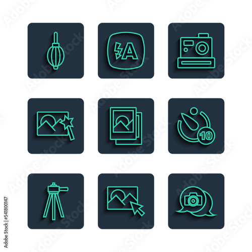 Set line Tripod, Photo retouching, camera, frame, Dust blower and Camera timer icon. Vector