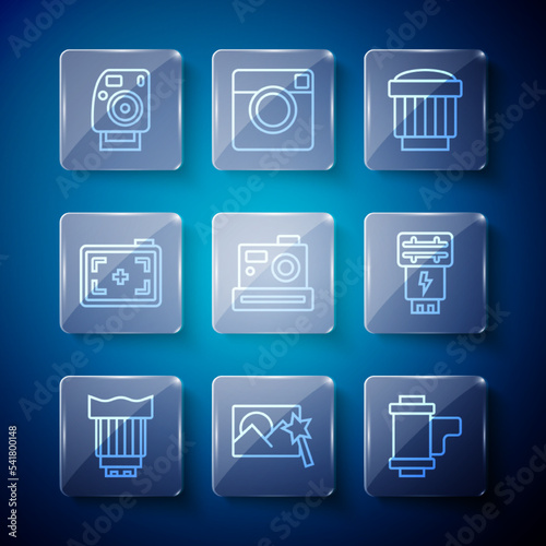 Set line Camera photo lens, Photo retouching, roll cartridge, camera, and flash icon. Vector