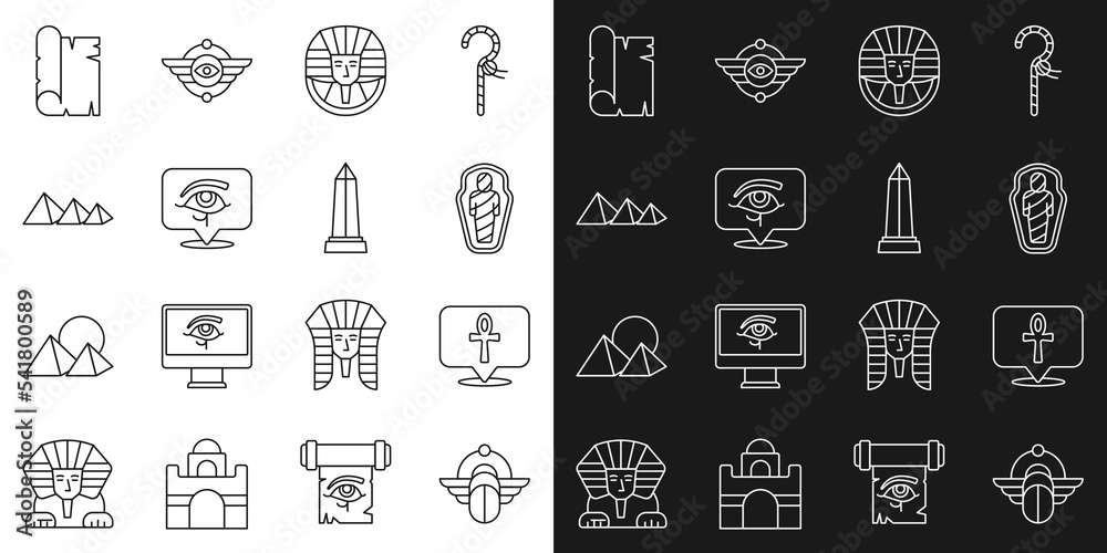 Set line Egyptian Scarab, Cross ankh, mummy in sarcophagus, pharaoh, Eye of Horus, pyramids, Papyrus scroll and Obelisk Alexandria icon. Vector Set line Egyptian Scarab, Cross ankh, mummy in sarcophagus, pharaoh, Eye of Horus, pyramids, Papyrus scroll and Obelisk Alexandria icon. Vector
