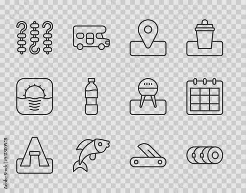 Set line Tourist tent, Blanket roll, Location for camping, Fish, Grilled shish kebab skewer, Bottle of water, Swiss army knife and Calendar icon. Vector