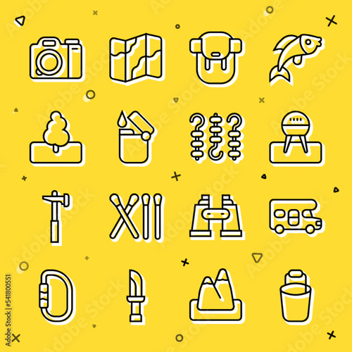 Set line Bucket, RV motorhome vehicle, Barbecue grill, Hiking backpack, Lighter, Tree, Photo camera and Grilled shish kebab on skewer icon. Vector