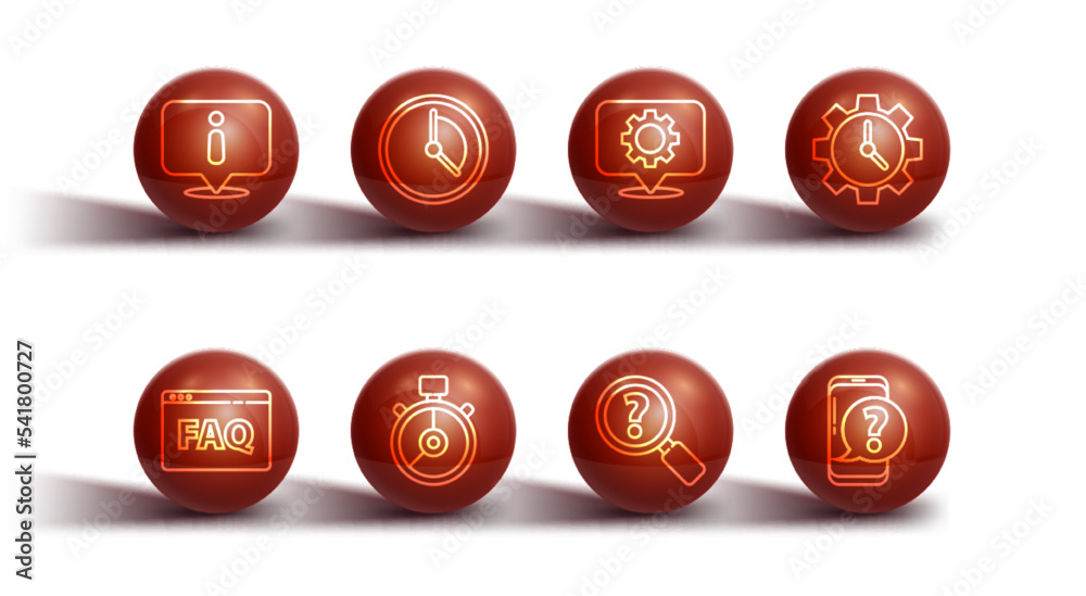 Set line Information, Browser FAQ, Time Management, Unknown search, Stopwatch, Mobile phone with question and Location gear icon. Vector Set line Information, Browser FAQ, Time Management, Unknown search, Stopwatch, Mobile phone with question and Location gear icon. Vector