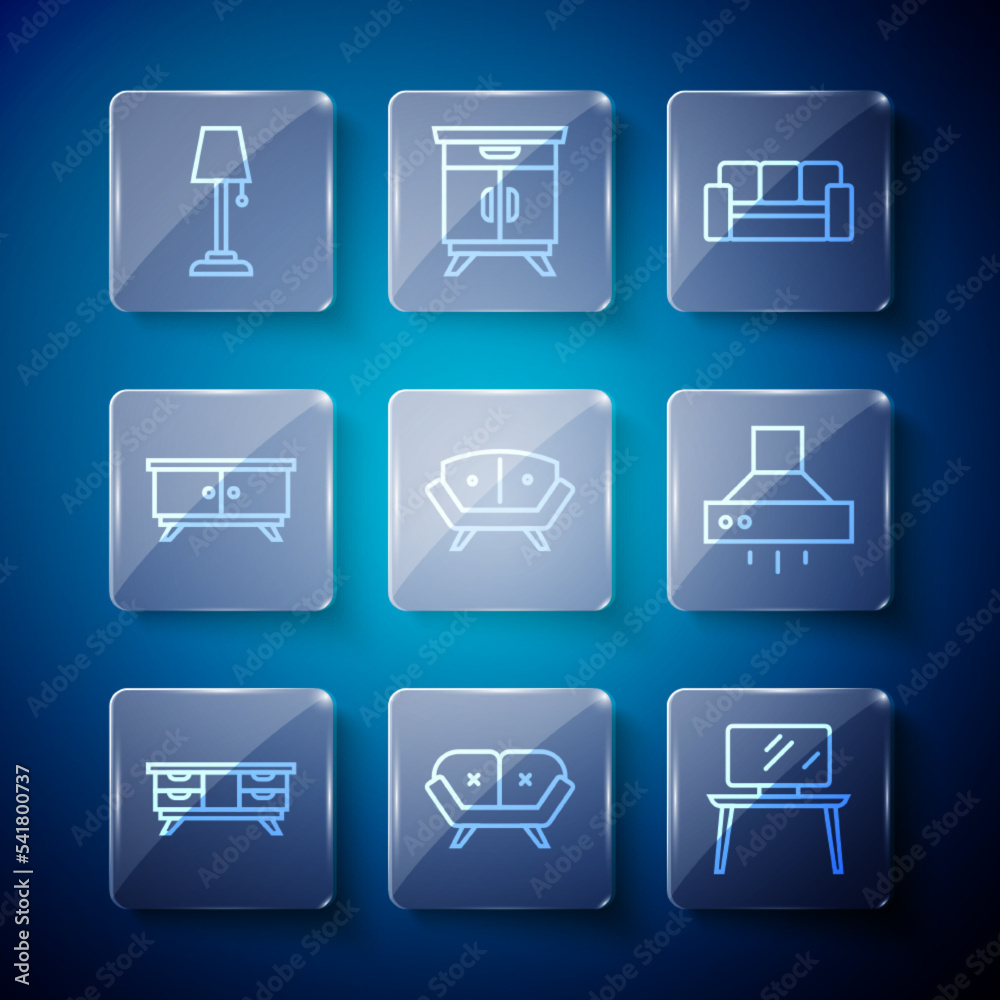 Set line TV table stand, Sofa, Furniture nightstand, Floor lamp and Kitchen extractor fan icon. Vector Set line TV table stand, Sofa, Furniture nightstand, Floor lamp and Kitchen extractor fan icon. Vector