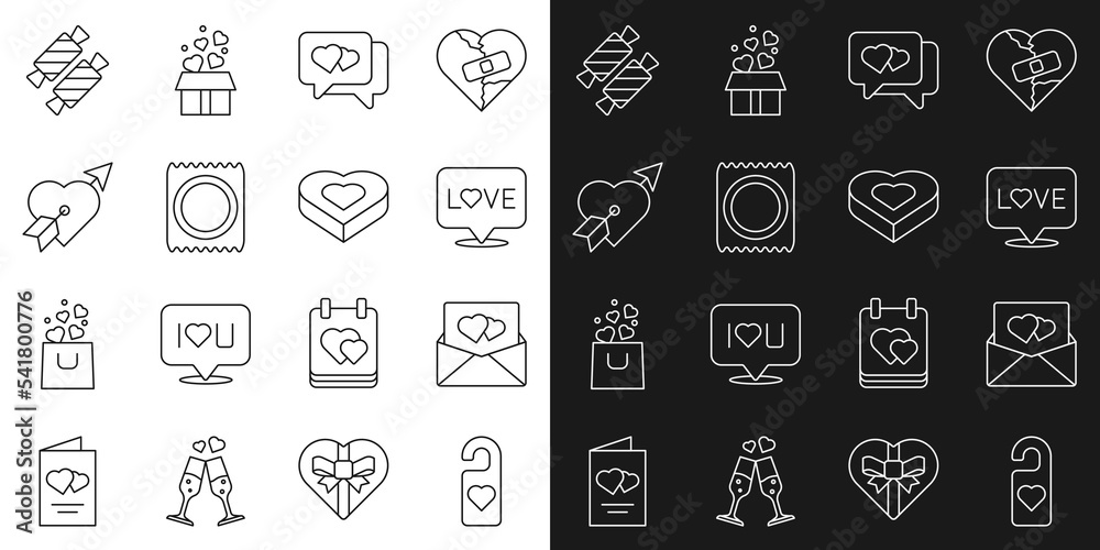 Set line Please do not disturb with heart, Envelope Valentine, Love text, Heart speech bubble, Condom package, Amour and arrow, Candy and shaped box icon. Vector