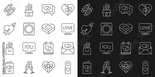 Set line Please do not disturb with heart, Envelope Valentine, Love text, Heart speech bubble, Condom package, Amour and arrow, Candy and shaped box icon. Vector