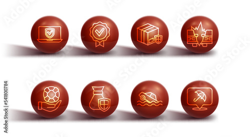 Set line Insurance online, Lifebuoy hand, Car accident, Flood car, Money bag with shield, Approved check mark, Umbrella and Delivery security icon. Vector