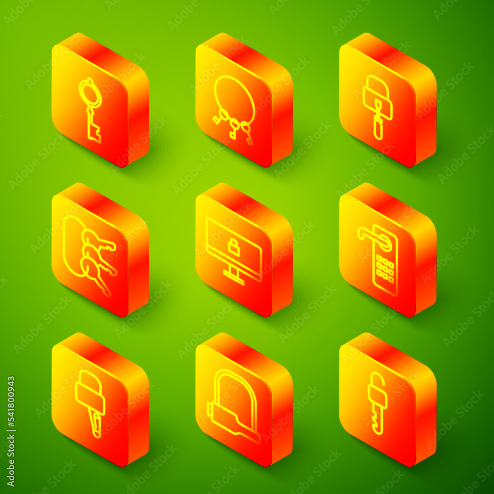 Set line Old key, Bunch of keys, Lock picks for lock picking, on computer monitor, Digital door, and Bicycle icon. Vector Set line Old key, Bunch of keys, Lock picks for lock picking, on computer monitor, Digital door, and Bicycle icon. Vector