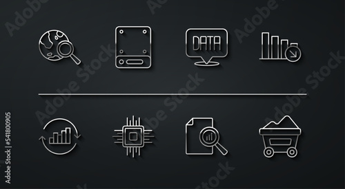 Set line Search globe, Pie chart infographic, Financial growth decrease, Document with, Processor CPU, Server, Coal mine trolley and Data analysis icon. Vector