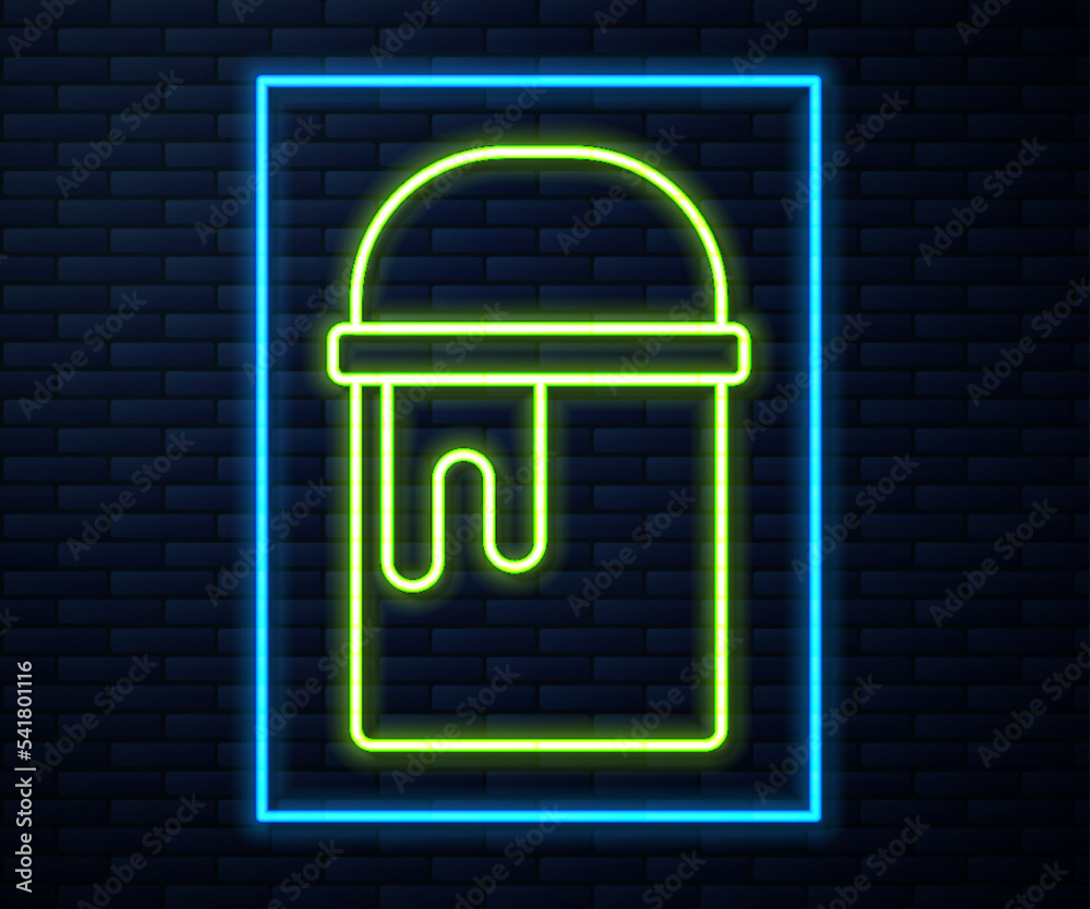Glowing neon line Paint bucket icon isolated on brick wall background. Vector Glowing neon line Paint bucket icon isolated on brick wall background. Vector