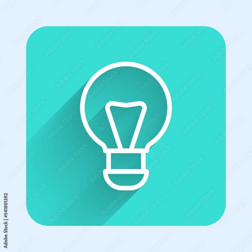 White line Creative lamp light idea icon isolated with long shadow background. Concept ideas inspiration, invention, effective thinking, knowledge and education. Green square button. Vector White line Creative lamp light idea icon isolated with long shadow background. Concept ideas inspiration, invention, effective thinking, knowledge and education. Green square button. Vector