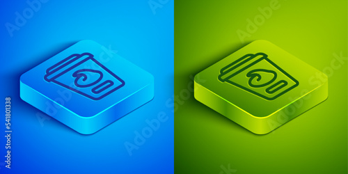 Isometric line Yogurt container icon isolated on blue and green background. Yogurt in plastic cup. Square button. Vector