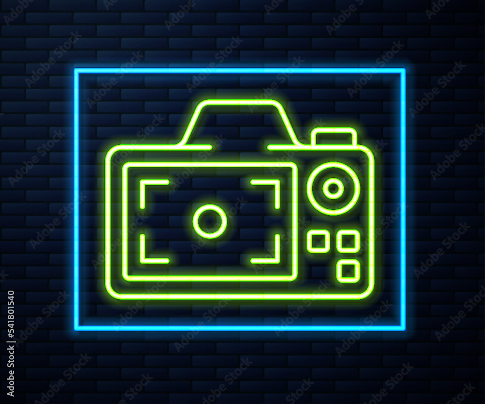 Glowing neon line Photo camera icon isolated on brick wall background. Foto camera. Digital photography. Vector Glowing neon line Photo camera icon isolated on brick wall background. Foto camera. Digital photography. Vector