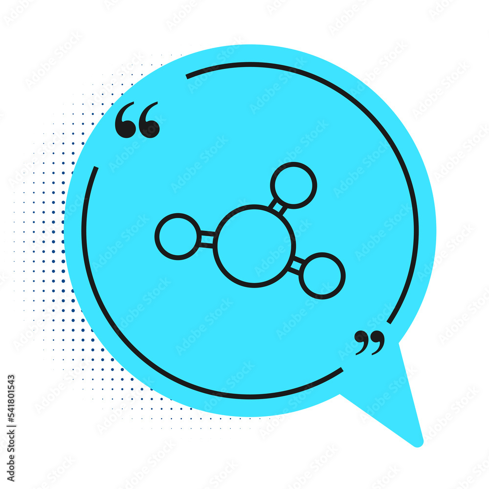 Black line Molecule icon isolated on white background. Structure of molecules in chemistry, science teachers innovative educational poster. Blue speech bubble symbol. Vector Black line Molecule icon isolated on white background. Structure of molecules in chemistry, science teachers innovative educational poster. Blue speech bubble symbol. Vector