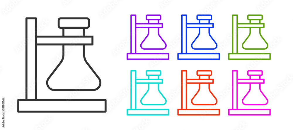 Black line Glass test tube flask on stand icon isolated on white background. Laboratory equipment. Set icons colorful. Vector Black line Glass test tube flask on stand icon isolated on white background. Laboratory equipment. Set icons colorful. Vector