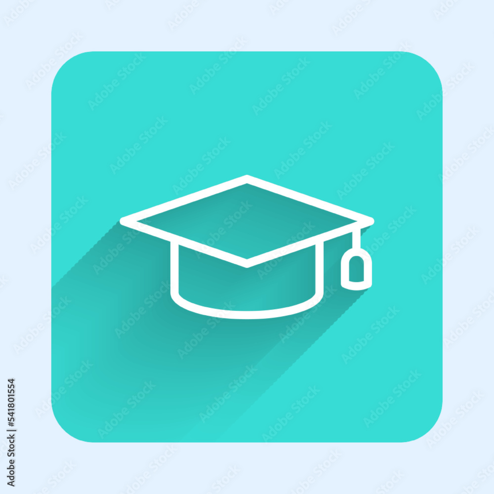 White line Graduation cap icon isolated with long shadow background. Graduation hat with tassel icon. Green square button. Vector White line Graduation cap icon isolated with long shadow background. Graduation hat with tassel icon. Green square button. Vector