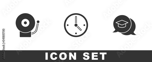 Set Ringing alarm bell, Clock and Graduation cap speech bubble icon. Vector
