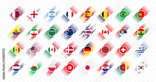 Flags of all countries participating in the final part of the football competition. Icon set. Football 2022. Soccer Cup infographic. Icons isolated on transparent background. Vector illustration
