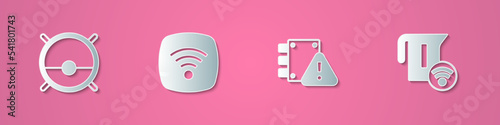 Set paper cut Robot vacuum cleaner, Wi-Fi wireless internet network, House under protection and Smart electric kettle icon. Paper art style. Vector