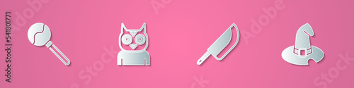Set paper cut Lollipop, Owl bird, Knife and Witch hat icon. Paper art style. Vector