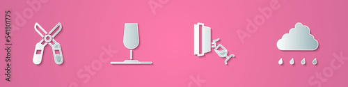 Set paper cut Gardening scissors, Wine glass, tasting, degustation and Cloud with rain icon. Paper art style. Vector
