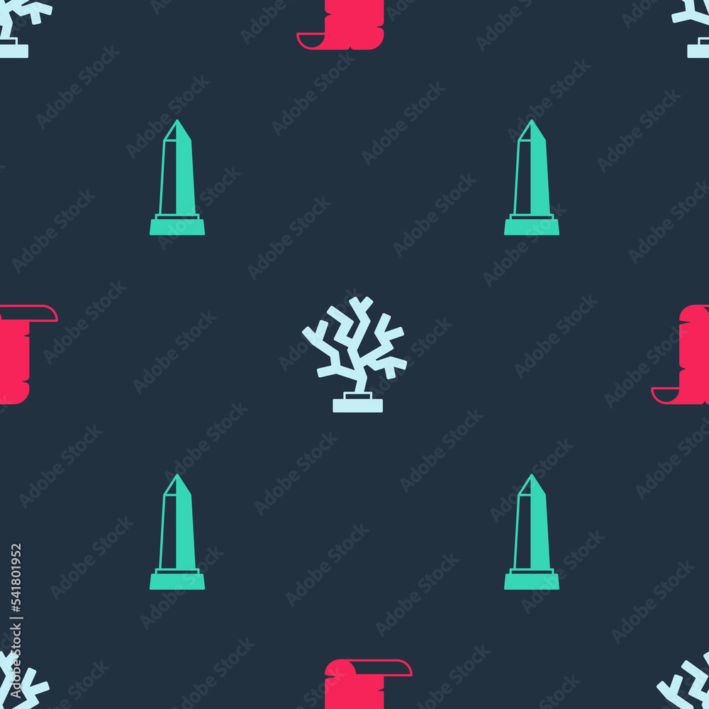 Set Papyrus scroll, Coral and Obelisk of Alexandria on seamless pattern. Vector Set Papyrus scroll, Coral and Obelisk of Alexandria on seamless pattern. Vector