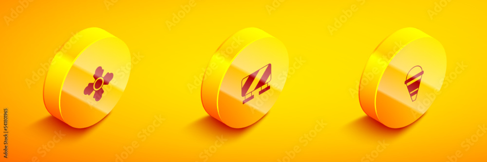 Set Isometric Firefighter, Road barrier and cone bucket icon. Vector Set Isometric Firefighter, Road barrier and cone bucket icon. Vector