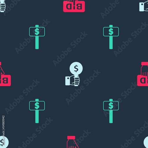 Set Bid, Hand holding auction paddle and on seamless pattern. Vector