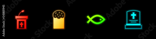 Set Church sermon tribune, Easter cake, Christian fish symbol and Grave with tombstone icon. Vector