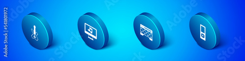 Set Isometric Electric bass guitar, Guitar amplifier, Music player and Computer with music note icon. Vector