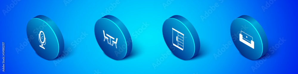 Set Isometric Mirror, Wardrobe, Armchair and Table with icon. Vector Set Isometric Mirror, Wardrobe, Armchair and Table with icon. Vector