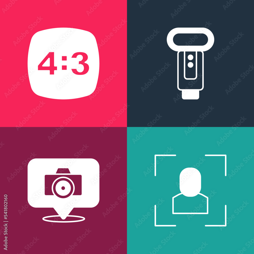 Set pop art Camera focus frame line, Photo camera, flash and 4 icon. Vector Set pop art Camera focus frame line, Photo camera, flash and 4 icon. Vector