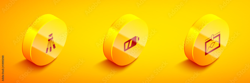 Set Isometric Tripod, Battery for camera and Photo frame icon. Vector Set Isometric Tripod, Battery for camera and Photo frame icon. Vector