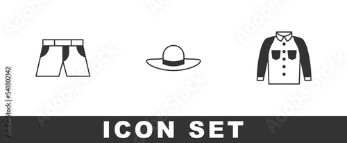 Set Short or pants, Elegant women hat and Shirt icon. Vector