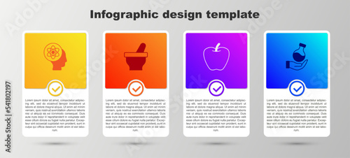 Set Atom, Mortar and pestle, Apple and Test tube. Business infographic template. Vector