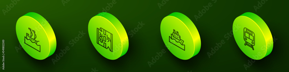 Set Isometric line Sailboat, Broken road, Cruise ship and Train and railway icon. Vector Set Isometric line Sailboat, Broken road, Cruise ship and Train and railway icon. Vector