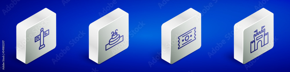 Set Isometric line Road traffic signpost, Fountain, Ticket and Castle icon. Vector Set Isometric line Road traffic signpost, Fountain, Ticket and Castle icon. Vector