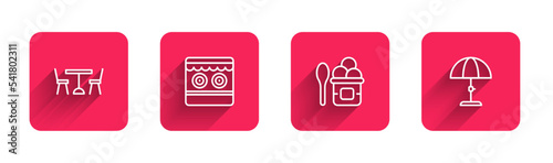 Set line Picnic table with chairs, Shooting gallery, Ice cream bowl and Sun protective umbrella with long shadow. Red square button. Vector