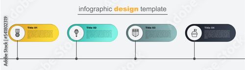 Set line Cake, Shield with stars, Torch flame and Medal. Business infographic template. Vector